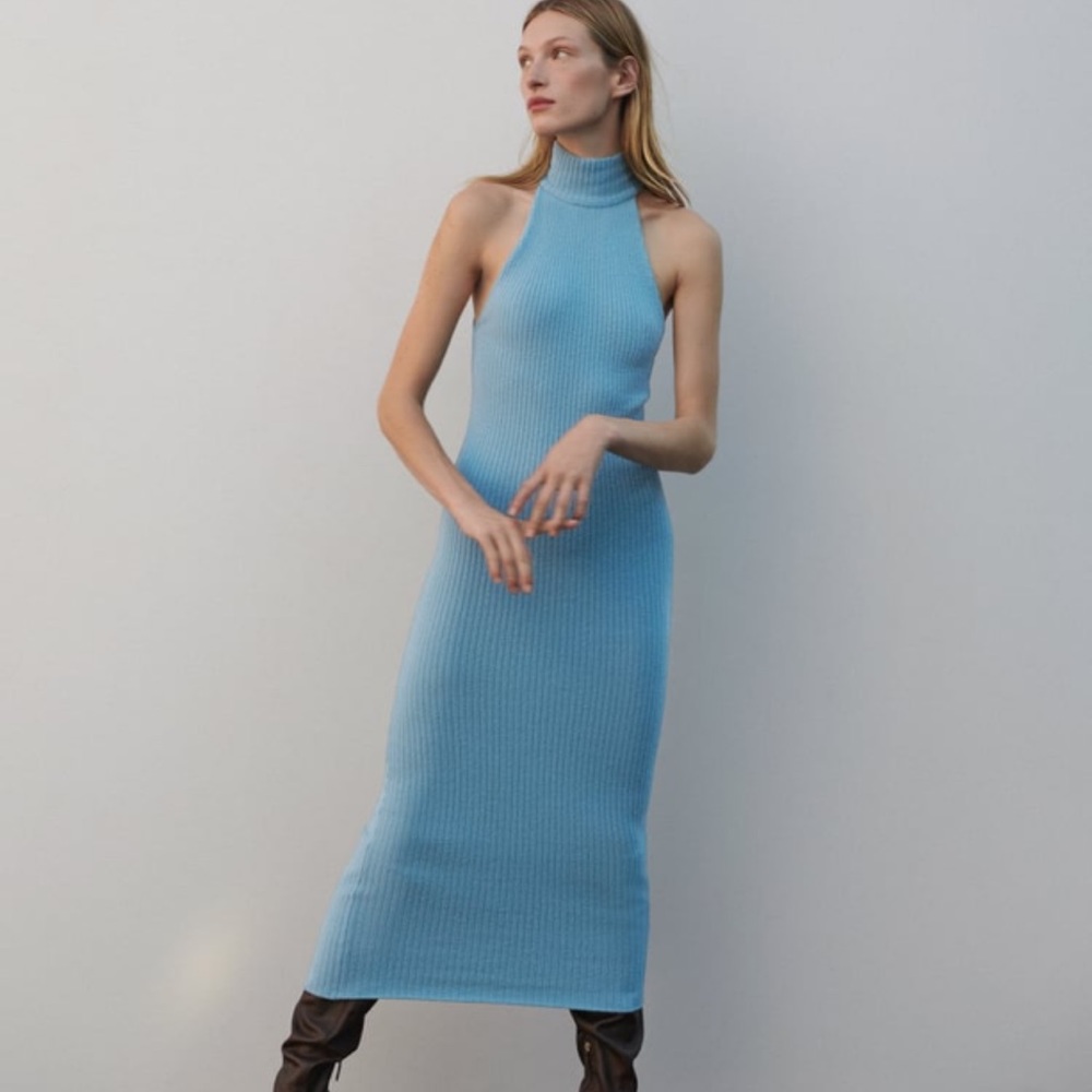 ZARA ribbed blue mock neck bodycon maxi dress